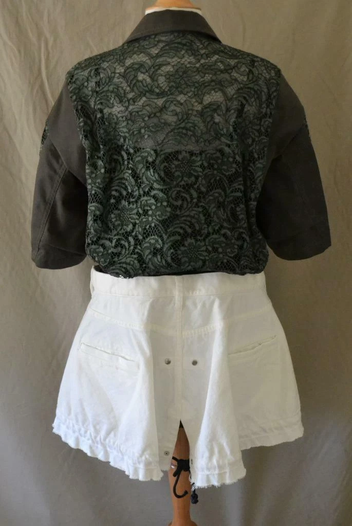 Abito Sacai verde oliva pizzo top bianco fondo demin toppe esercito taglia 2 media