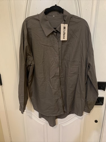 Minibee Women's XXL Button Shirt Long Sleeve Brown Linen Cotton Pockets High Low
