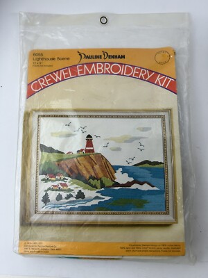 1974 Lighthouse Scene Vintage Crewel Embroidery Kit Pauline Denham 6055 NOS 12x9
