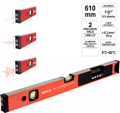 Punkt-Kreuzlinien-Laser Präzisions Wasserwaage 610 mm 2-Libellen LCD-Display