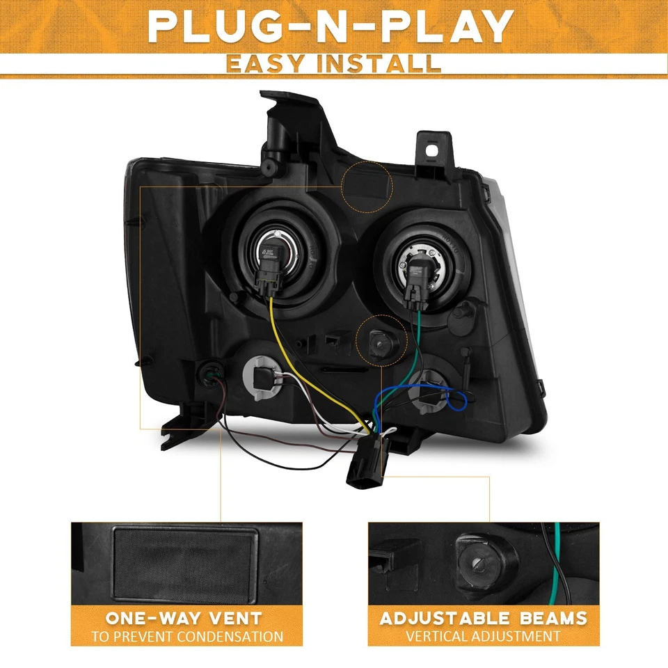 For 2007-2014 Chevy Suburban Tahoe Avalanche Chrome Headlights W/Bulbs L+R Pair Foto 4 de 4