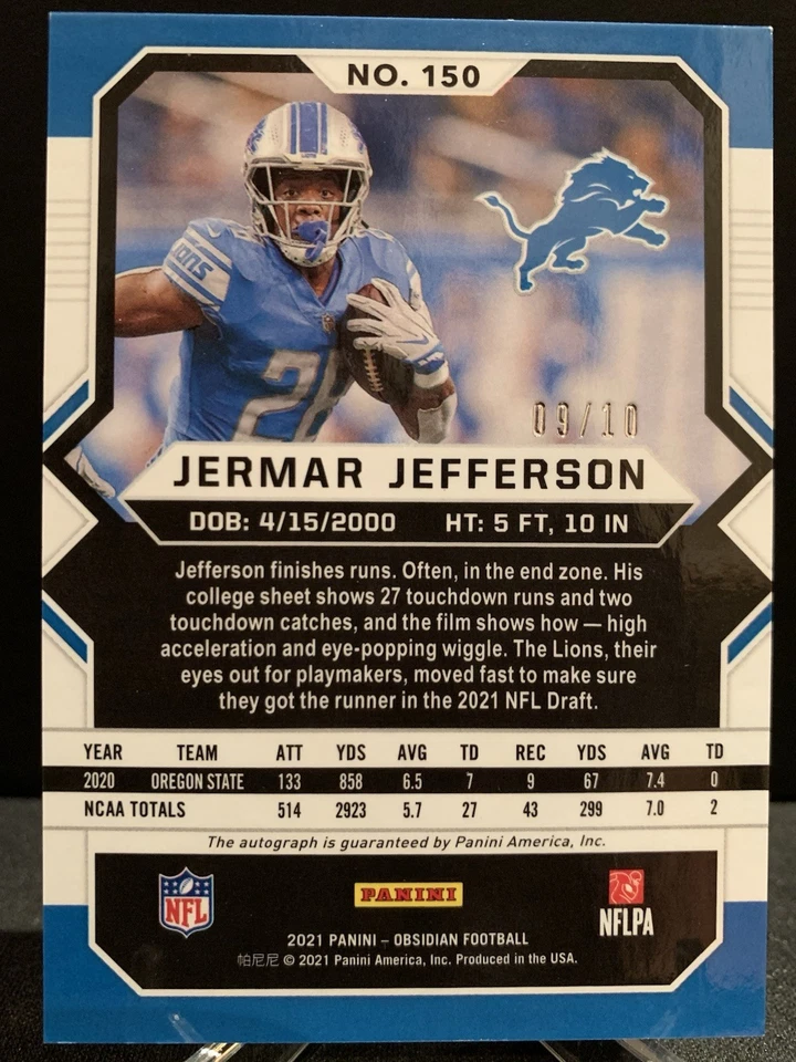 2021 PANINI OBSIDIAN FOOTBALL JERMAR JEFFERSON ROOKIE AUTO /10 ELECTRIC LIONS RC - Image 2 of 2