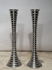 Pair Horizontally Ribbed Metal Candlestick Holders 10" Tall