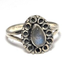 Labradorite flashy blue pear cut sterling silver tribal vintage ring size 9