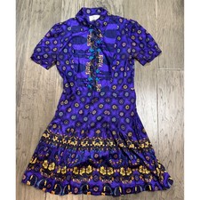 Vintage Purple Floral Print Button Up Short Sleeve Midi Dress Small