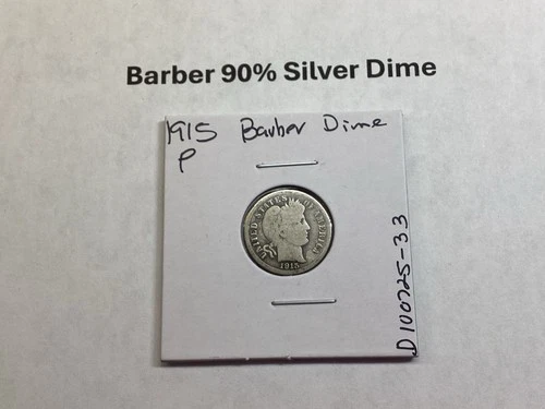 1915 Barber 90% Silver Dime from Philadelphia Mint in Fine Condition D100725 33d