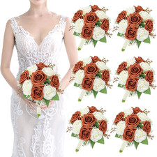 Set of 6 Artificial Bridesmaid Bouquets - Burnt Orange  White Floral Decor