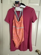 Spyder Swim Set Girl Large 12/14 Pink Hooded Cover Up One Piece Swimsuit 30 UPF
