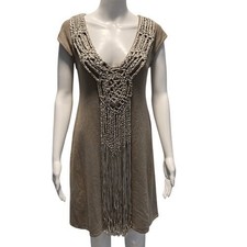 Boston Proper Taupe Macrame Fringe Knit Dress S