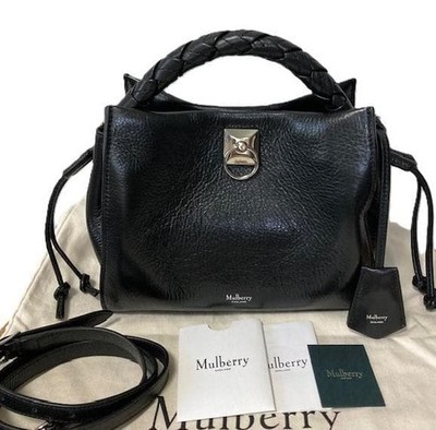 Mulberry Small Iris Black Leather 2way Shoulder Bag Handbag Silver Authentic