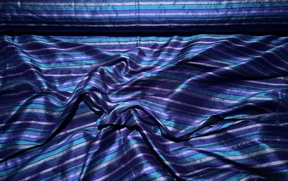 Blue/Teal/Purple Dupioni Stripes 100% Silk Fabric 44" Wide By The Yard (SD-617C) - Image 3 of 4