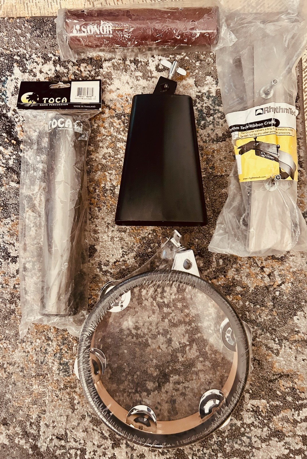 Percussion Sonor Mixed Lot Drum Jingle Hit Shakers Cowbell Ribbon Crasher Set