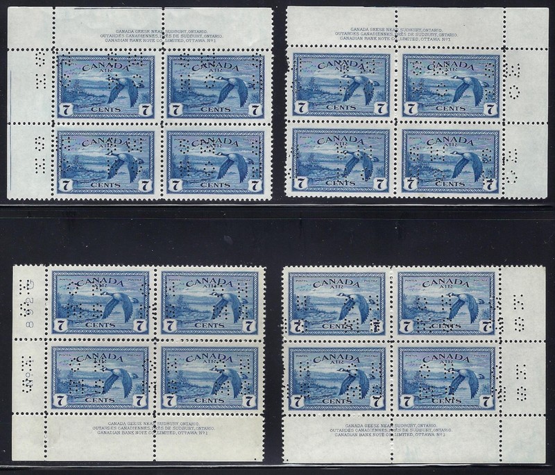 Canada, 1946, Scott #OC9, Matched Set of Plate Blocks of 4, Plate #1, Mint, N.H.