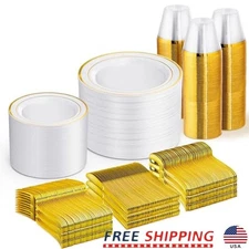 600 PCS Gold Disposable Dinnerware Set Plates Cups Forks 100 Guests Party Event