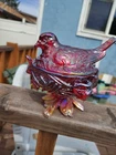 Vtg. Westmoreland Glass Robin Bird on Nest Covered W/Twigs Candy Dish Amberina