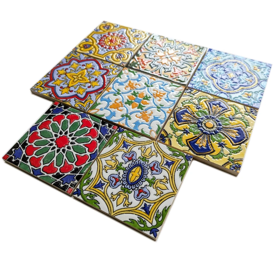 Set of 8 Multi Colour Moroccan Arabic 10cm Square Mosaic Wall & Floor Tiles - Image 4 of 4