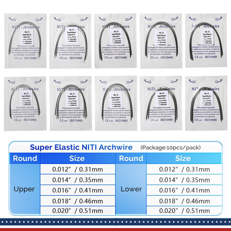 Assortiment De 10 Fils D'Arc Orthodontiques Ronds NiTi/Acier - Diamètres Variés, Forme Ovoïde