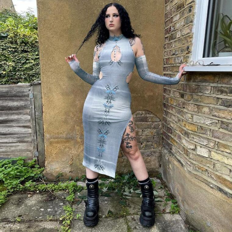 Womens Cyberpunk Cutout Off Shoulder Mock Neck Print Hip Package Midi Dress  | eBay