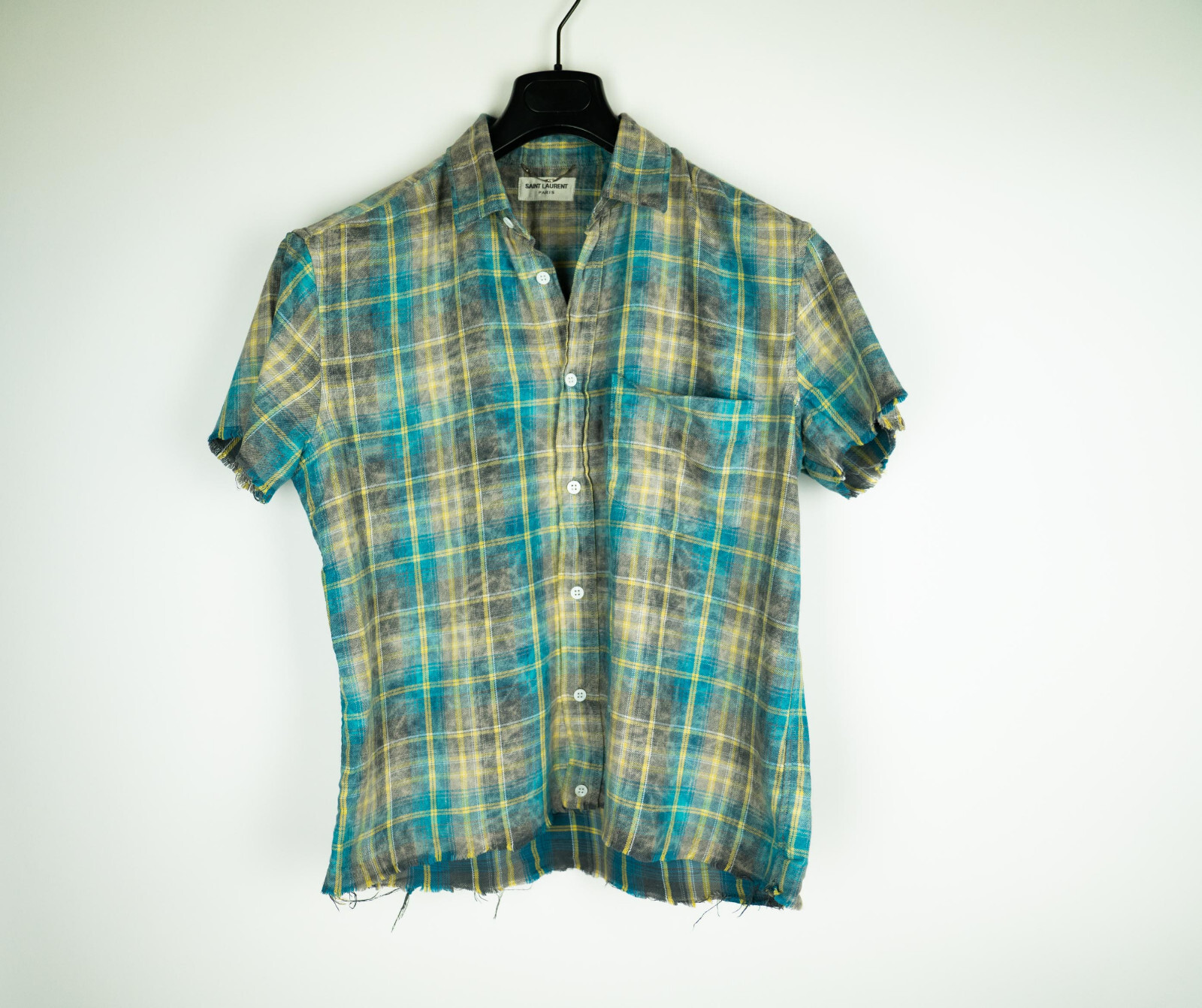 SAINT LAURENT PARIS camicia verde manica corta a quadri flanella orlo grezzo bordo grande M