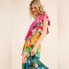 Farm Rio Mixed Flowery Ruffle One Shoulder Dress Midi Medium