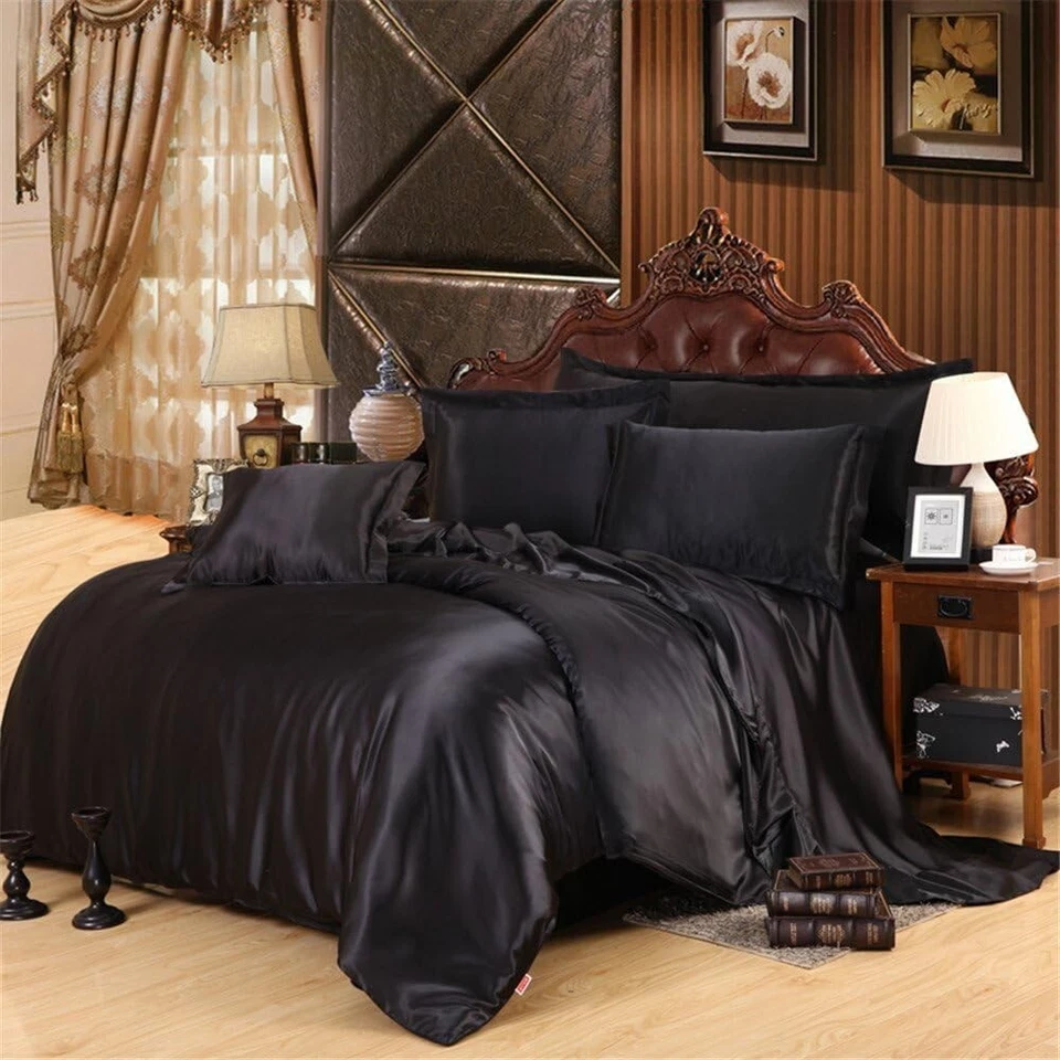 Satin Wrinkle Free Luxurious and Soft Silky 10–16 Deep 4Pc Sheet Set Black Solid - Image 3 of 4