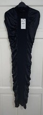ZARA BLACK LONG GATHERED FITTED HIGH NECK MIDI KNIT SATIN CONTRAST DRESS SIZE M