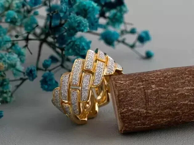 Round Cut Real Moissanite Cuban Link Ring 14K Yellow Gold Plated  Silver