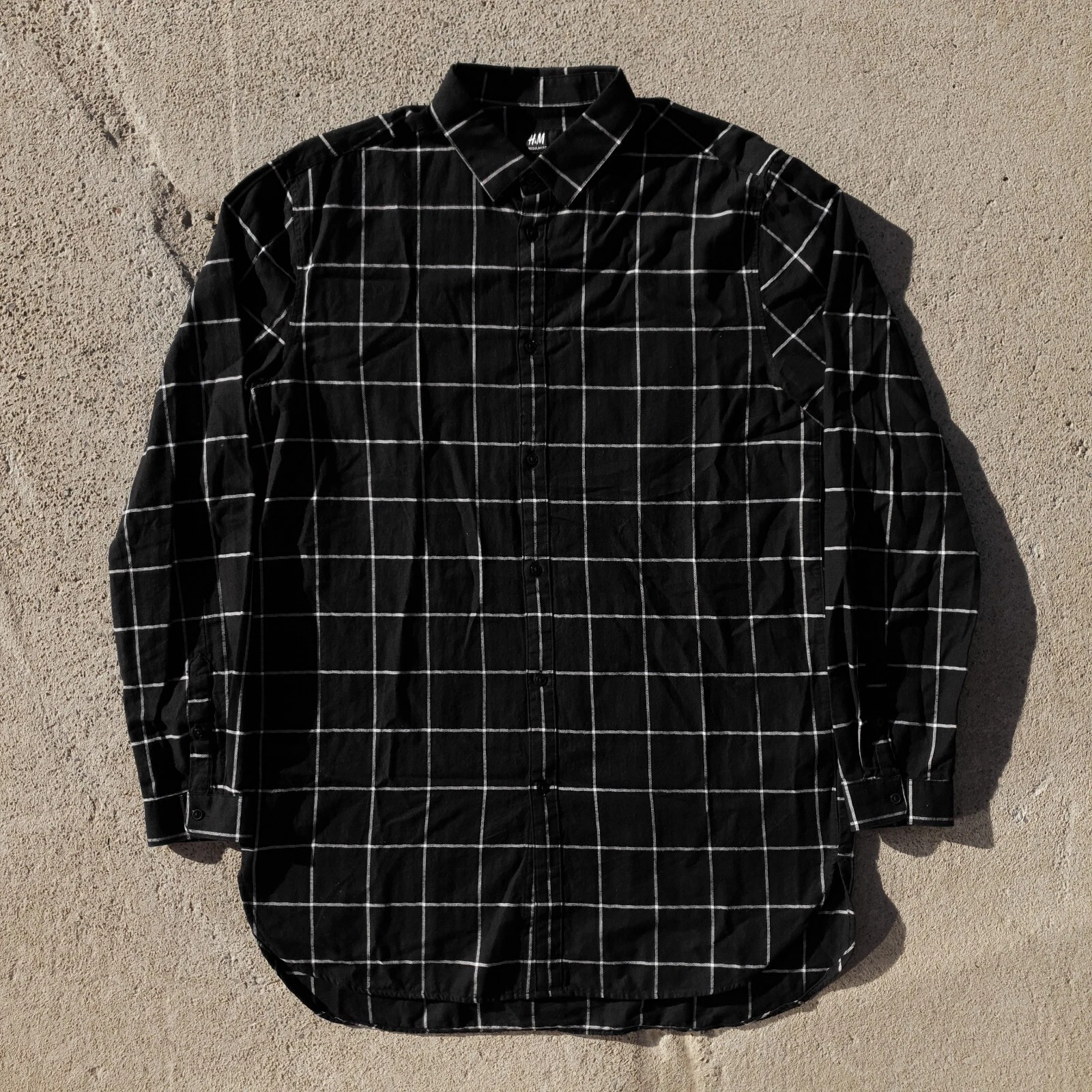H&M Windowpane Longsleeve Button Up Shirt Mens Large Black Dress Casual Supreme