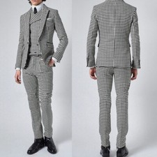 Houndstooth 3 Pieces Men's Suits Business Slim Fit Peak Lapel Jacket Tuxedos