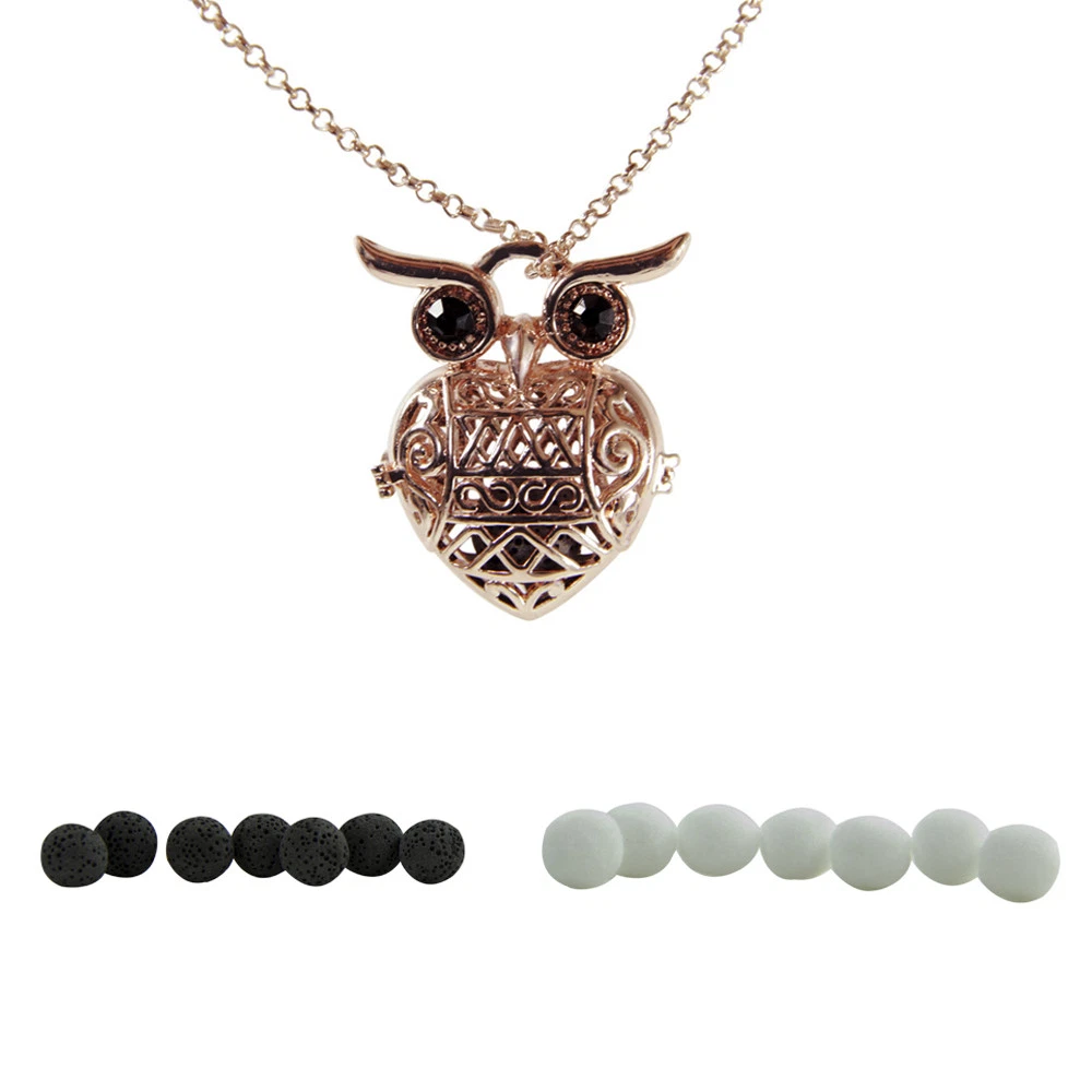 36 inch Rose Gold Plated Necklace Aromatherapy Charm Pendent Necklace Locket w/ 7 Lava Stone and 7 Felt Balls for Essential Oils Diffuser | Owl, Adult