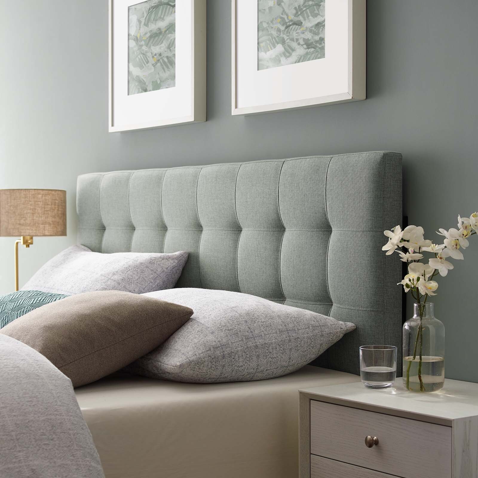 Modway Tufted Upholstered Fabric Square Queen Size Headboard in Gray
