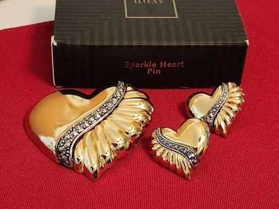 Vintage Avon Sparkle Heart Pin and Pierced Earrings - Gold-tone and Marcasite