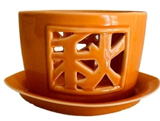 SHANGHAI TANG  Orange CERAMIC PLANTER w/ Saucer  Orchid Pot  Art Deco, Chinese