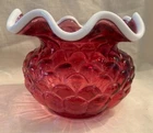 Fenton Cranberry Vase/Bowl with White Ruffled Top, Vintage, 4” Tall