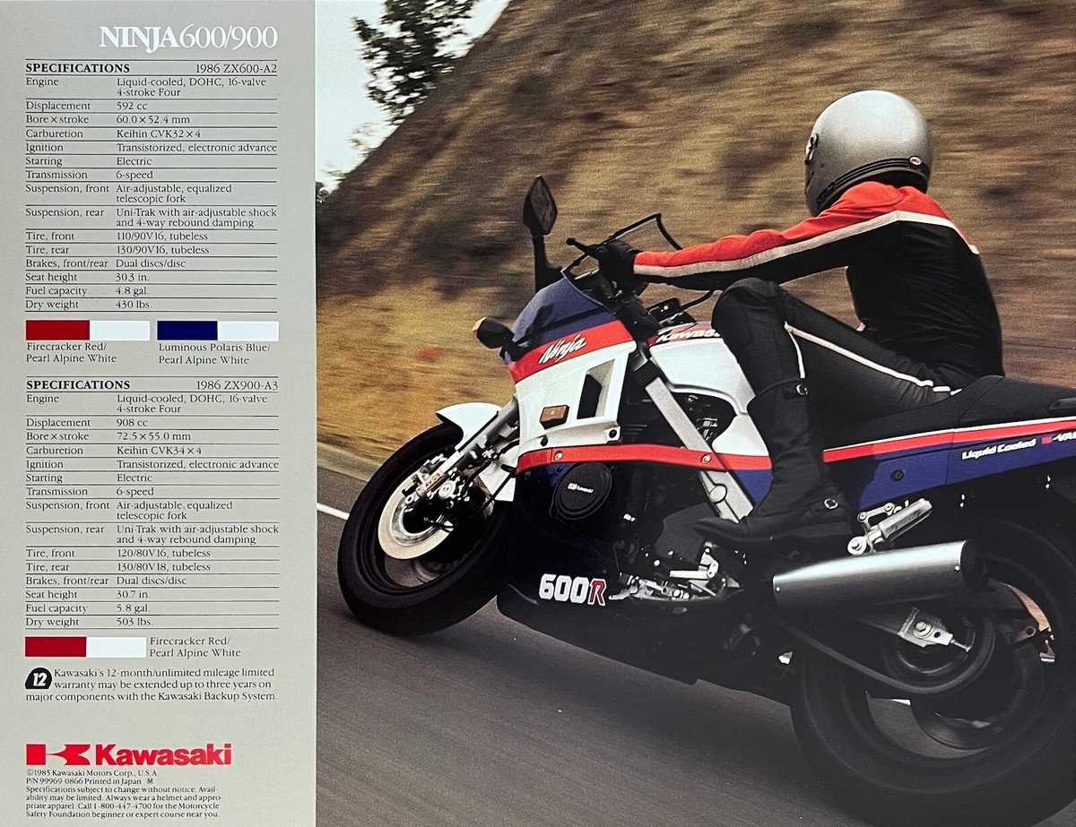 1986 Kawasaki Ninja 600/900 4-page brochure-literature