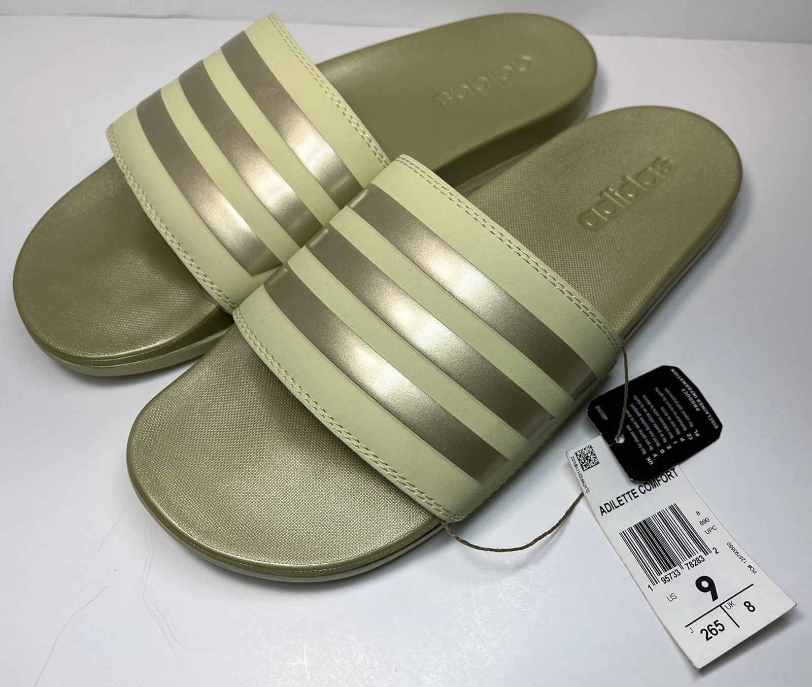 ADIDAS Sandali Adilette Comfort Slides beige sabbia a righe oro USA taglia 9 nuovi con etichette