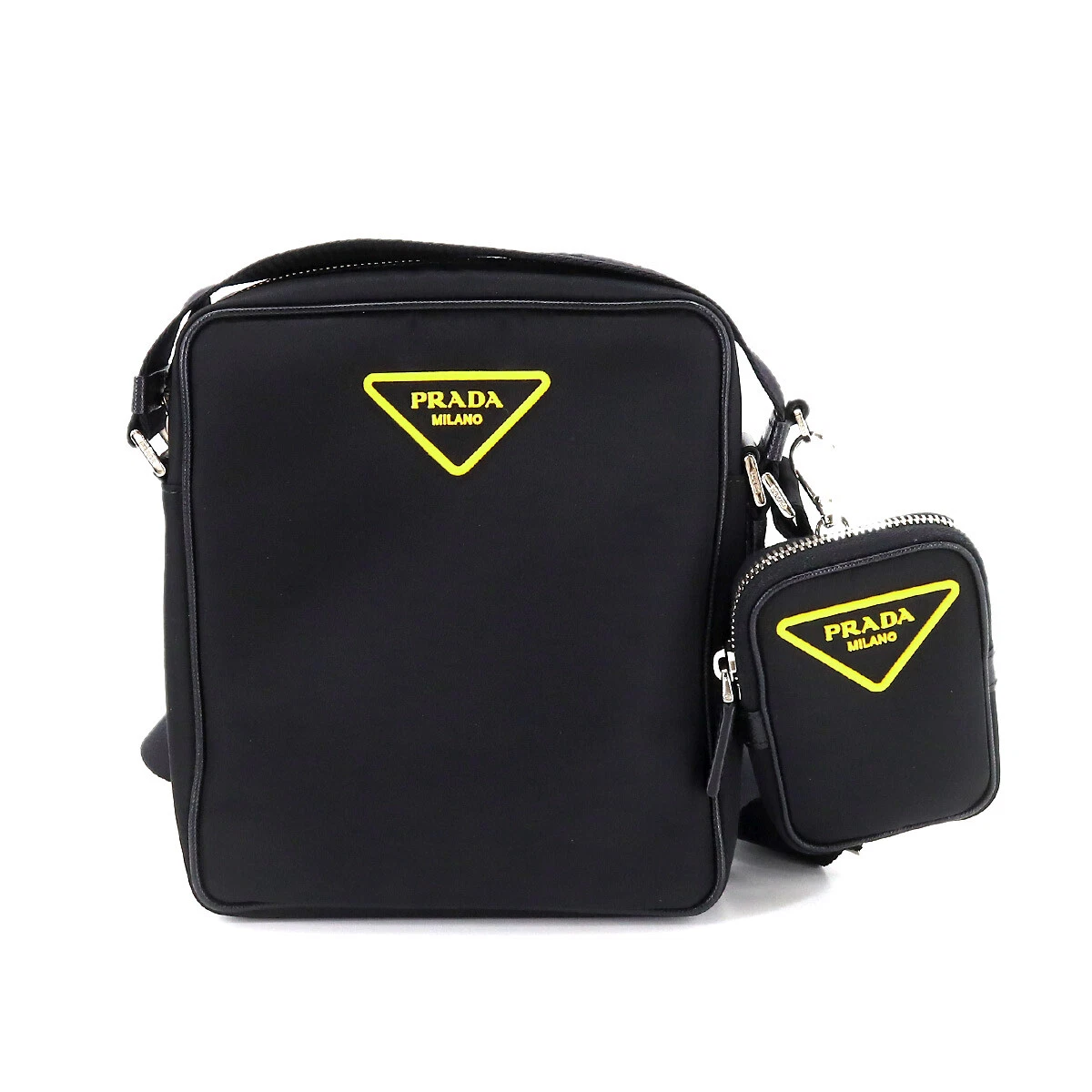 PRADA Nylon Messenger Shoulder Bag Leather Black Yellow 2VH112 Purse 90192676
