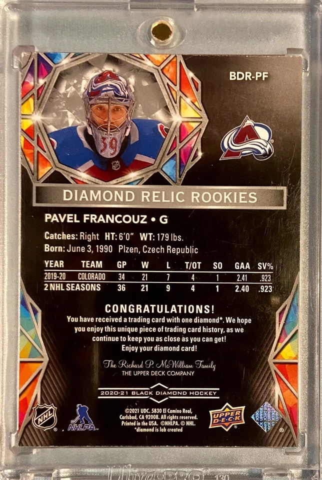 2020-21 Upper Deck Black Diamond Pavel Francouz Diamond Rookie Relic /99 BDR-PF - Image 3 of 3