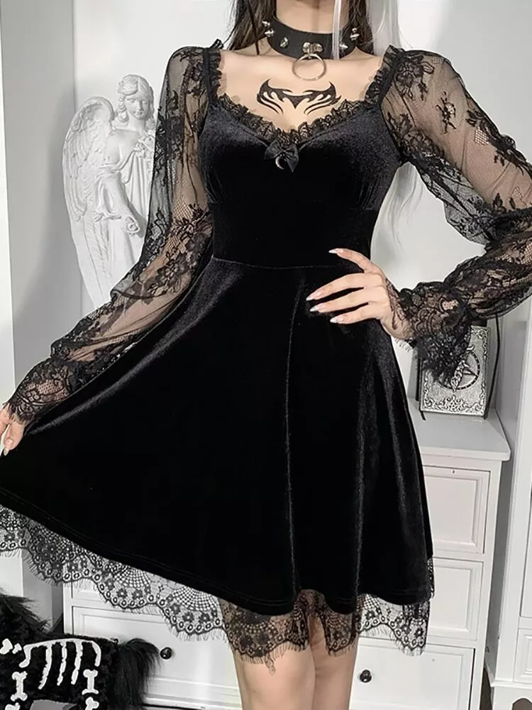 Goth Dark Velour Gothic Aesthetic Vintage Dresses Women's