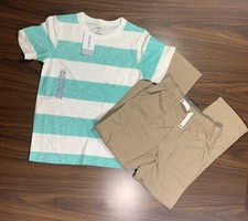 Carter's 2pc Set Boys Size 4, or 6 Teal  White Striped Shirt, Khaki Pants New
