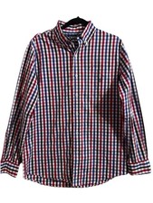 Chaps Easy Care Stretch Button Up Shirt Mens Medium Red Blue White Plaid Classic