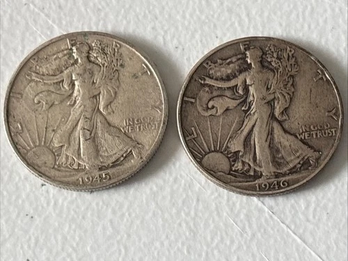 1945 S & 1946 P WALKING LIBERTY HALF DOLLAR 90% SILVER 50¢