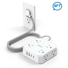 Flat Plug Power Strip Surge Protector, 5Ft Ultra Thin Extension Cord with 4 USB