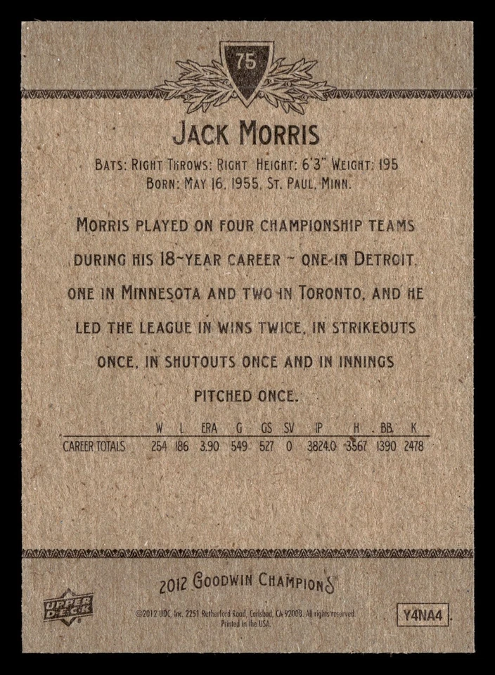 Jack Morris 2012 Upper Deck Goodwin Champions #75 BASEBALL *169 - Image 2 of 2