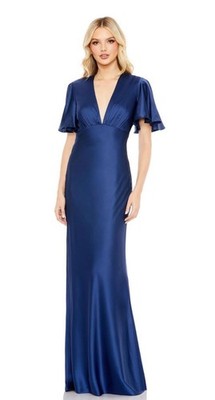 Mac Duggal Women's Sapphire Flutter Sleeve V-Neck Charmeuse Gown Dress Size 6