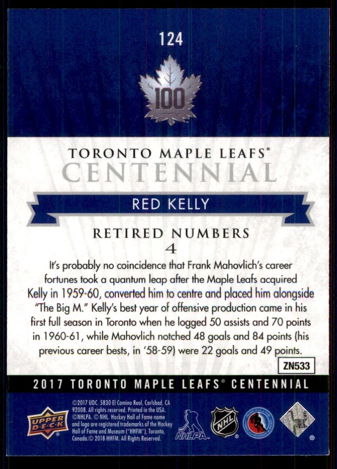 2017-18 UPPER DECK TORONTO MAPLE LEAFS CENTENNIAL RETIRED NUMBERS RED KELLY #124 - Image 2 of 2