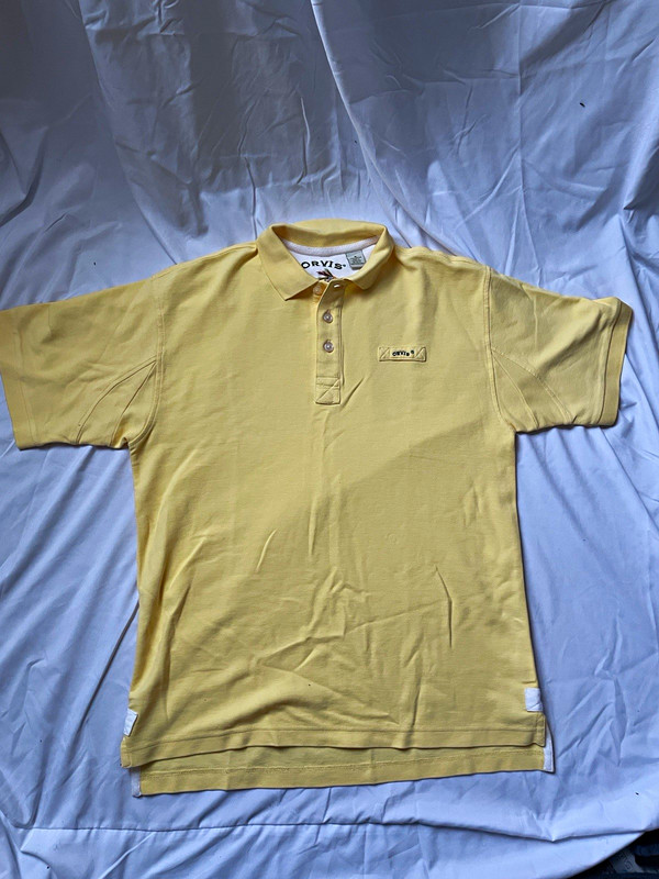 Vintage Orvis Men's Solid Yellow Cotton Short Sleeve Collared Button Polo Logo M