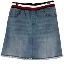 Tommy Hilfiger Skirt Girls L Denim Light Wash Raw Hem Striped Waistband Stretch