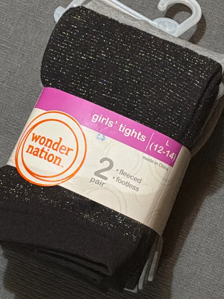 NWT Wonder Nation Girls 2-Pack Large 12-14 Black/Grey Fleeced Footless Tights - Image 2 of 3
