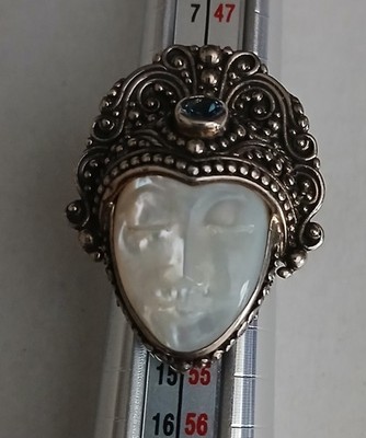 Sarda Sterling Silver Mother Of Pearl Goddess Face Ring, & Blue Topaz, Size 6.
